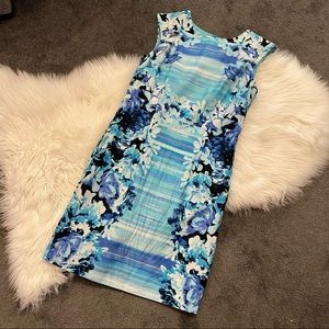 Blue and turquoise floral sheath dress